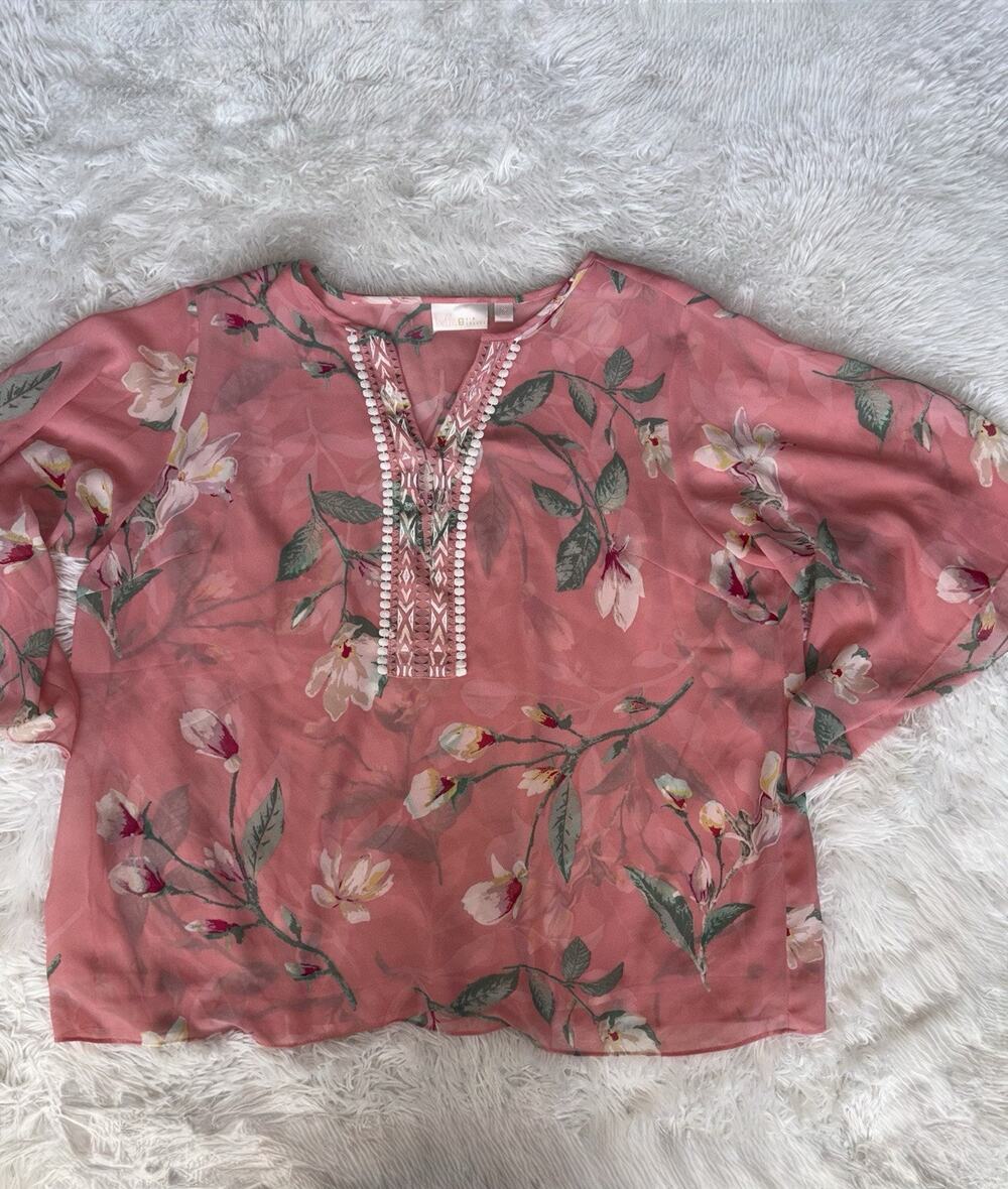 Belle By Kim Gravel XL Pink Floral Tropical Style Lined Tunic Top. Beautiful